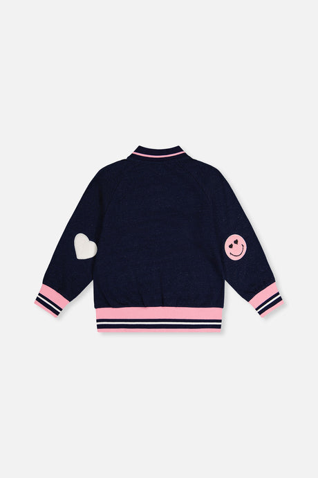 Deux par Deux navy French terry bomber jacket, flat lay back view with heart and smiley patches