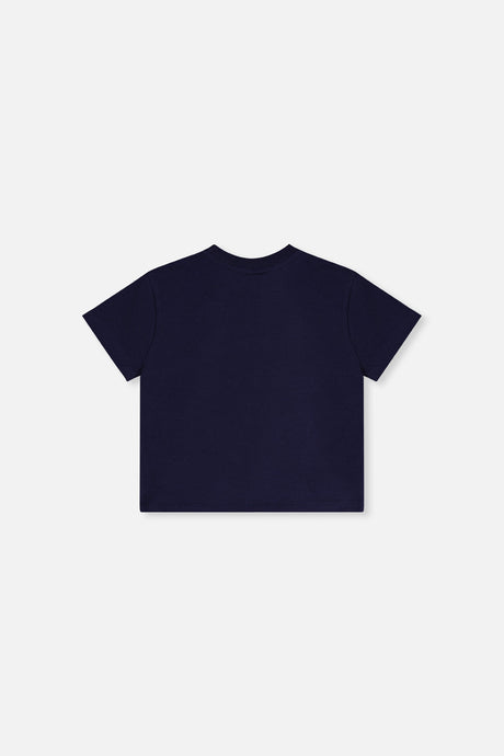 Deux par Deux girls' dark blue jersey T-shirt with holographic heart – back view
