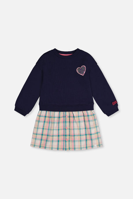 Deux par Deux girls navy fleece top dress with a glittery heart patch and pastel plaid skirt, front flat view