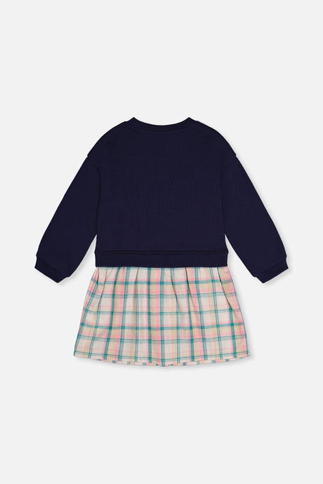 Deux par Deux girls navy fleece top dress with a pastel plaid skirt, back flat view