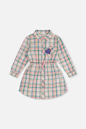 Deux par Deux green and pink plaid shirt dress with belt, front view