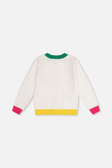 Deux par Deux off-white knit cardigan, flat lay back view with pink cuffs and a yellow hem