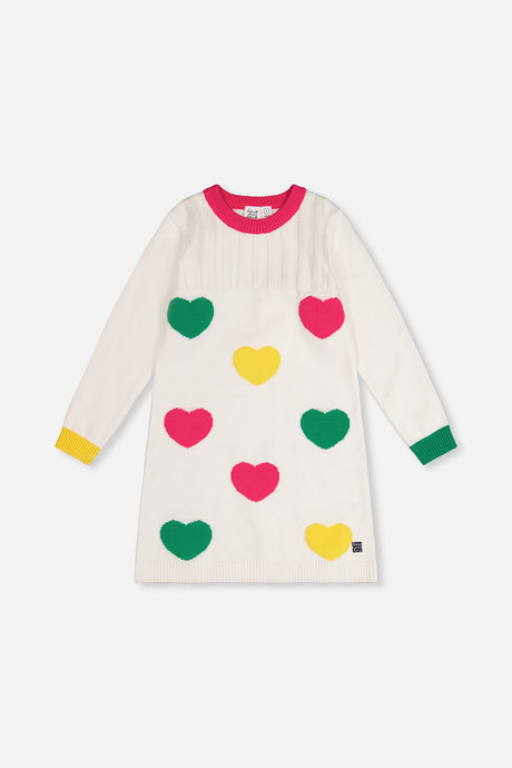 Front view of the off-white knitted dress with pink, green and yellow hearts and a pink neckline