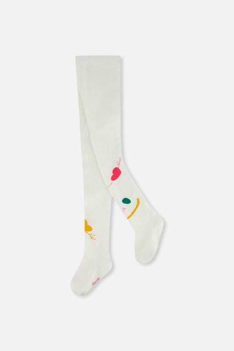 Off-white Deux par Deux knit tights with a smiley face graphic on one leg, front view