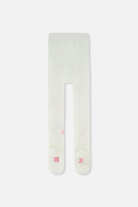 Back view of the off-white Deux par Deux knit tights with a faint pink graphic showing through on one leg and the brand name on the feet