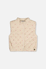 Corduroy Puffy Vest Beige Floral Print-0
