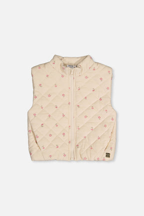Corduroy Puffy Vest Beige Floral Print-0