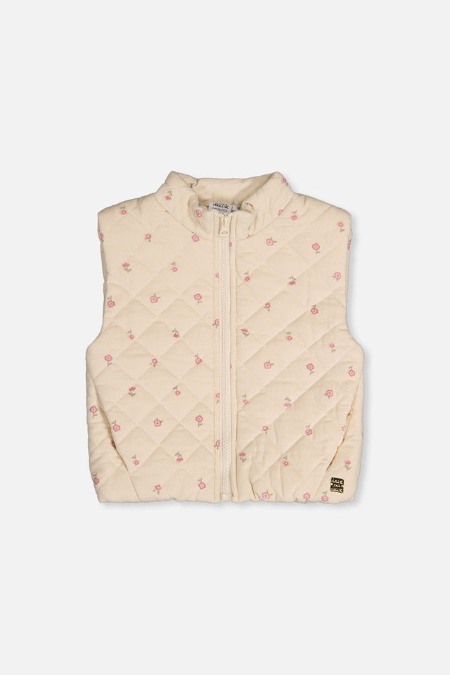 Corduroy Puffy Vest Beige Floral Print-0