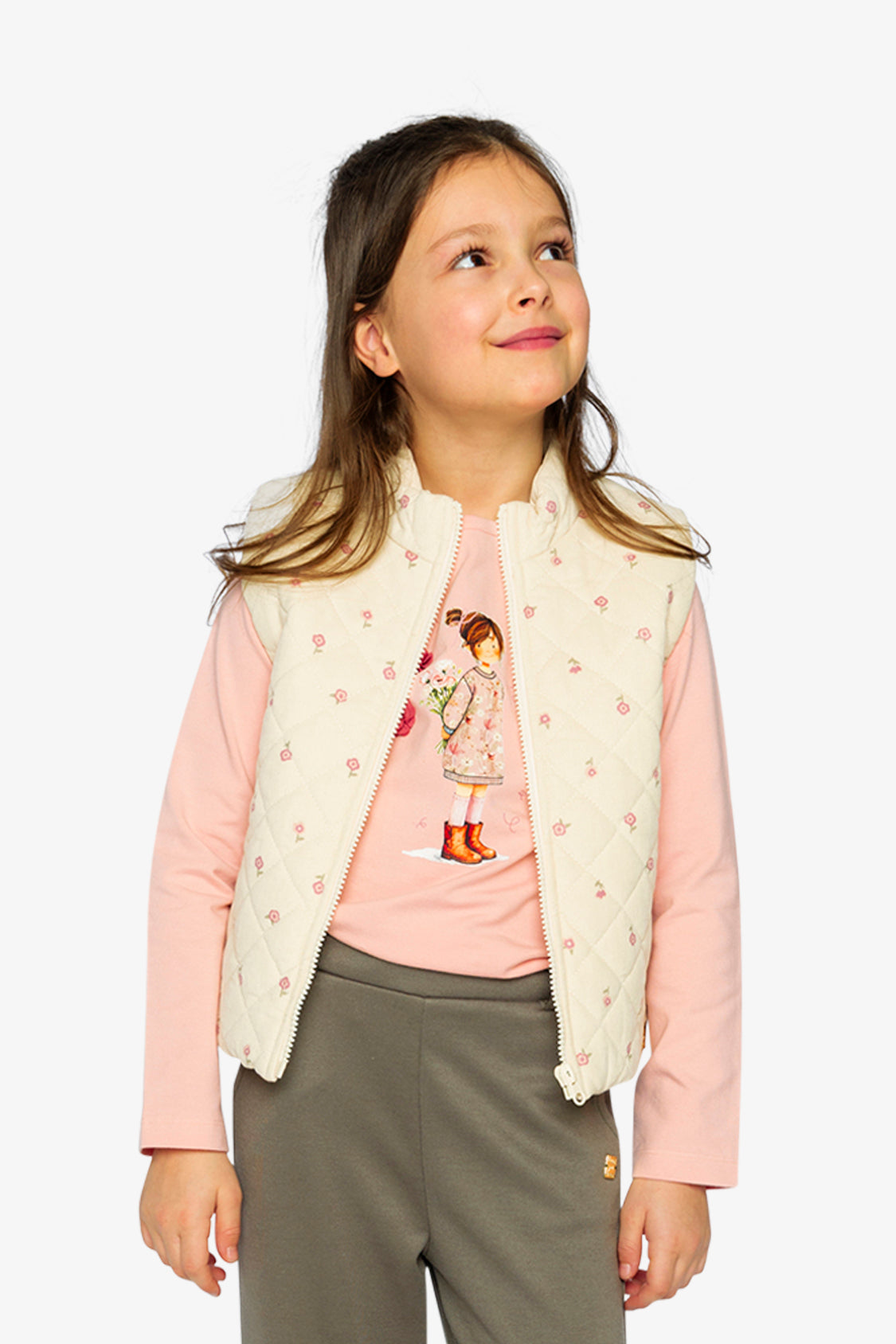 Corduroy Puffy Vest Beige Floral Print-2