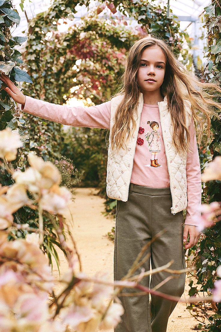 Corduroy Puffy Vest Beige Floral Print-1