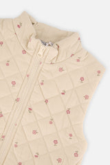 Corduroy Puffy Vest Beige Floral Print-4