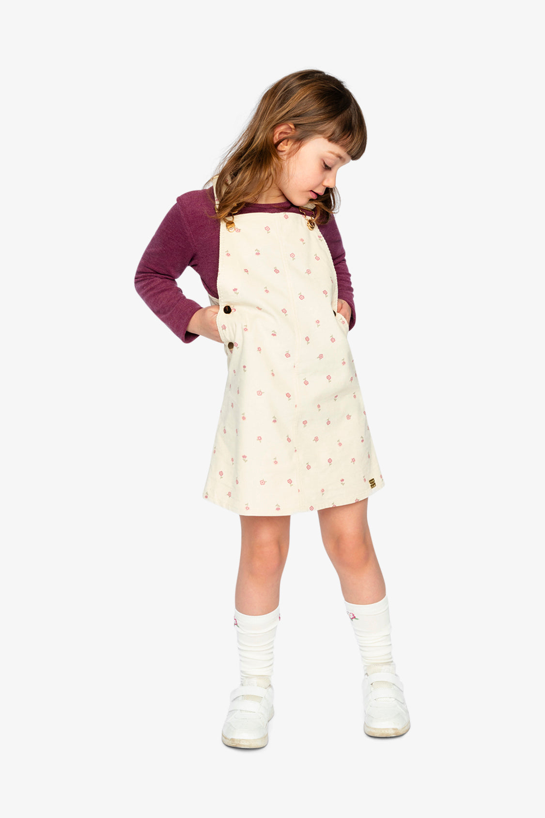Corduroy Overall Dress Beige Floral Print-1