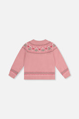 Back view of the Deux par Deux dusty pink flower jacquard sweater laid flat