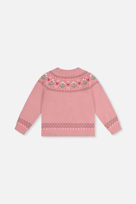 Back view of the Deux par Deux dusty pink flower jacquard sweater laid flat
