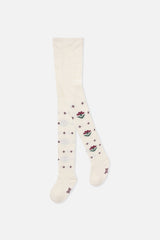 Cream knit tights with burgundy flowers and green stems, front view
