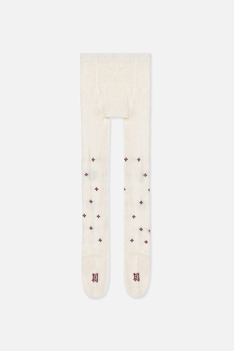 Cream knit tights with burgundy flowers, back view