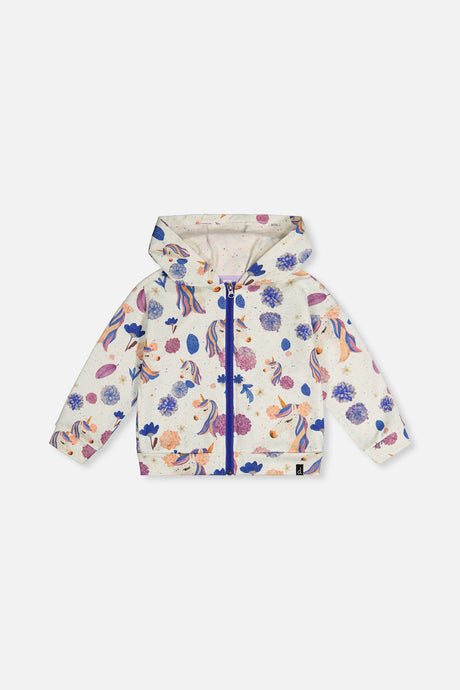 Hooded Zipped French Terry Cardigan Beige Unicorn Print-0