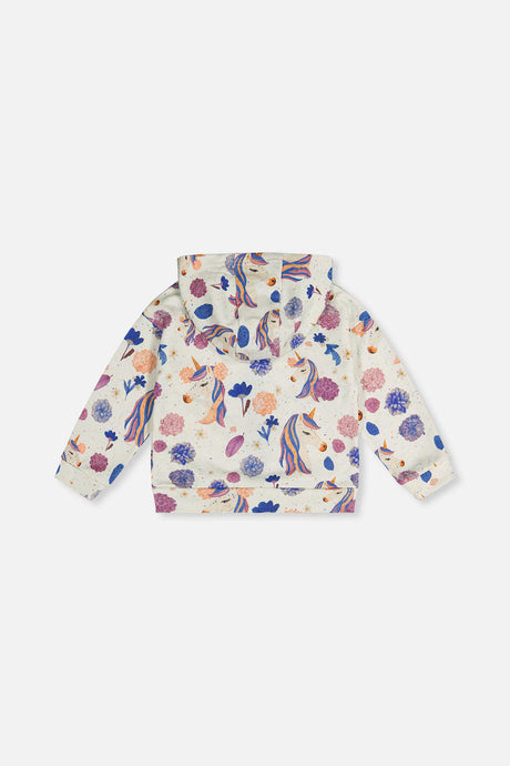 Deux par Deux beige unicorn print hooded zip cardigan, flat lay back view with the hood