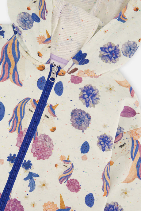 Close-up of the blue zipper and the unicorn and flower print at the hood of the beige Deux par Deux cardigan