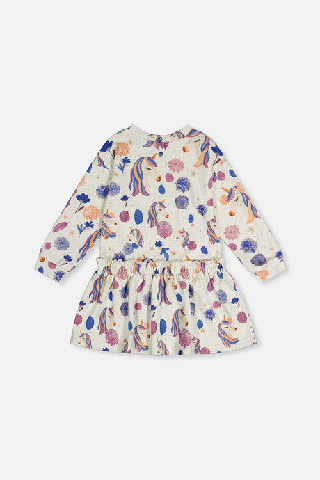 Deux par Deux girls cream unicorn print French terry dress with a gathered waist, back view