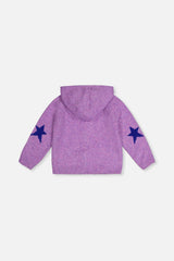 Back view of the Deux par Deux violet hooded cardigan laid flat with blue sleeve stars