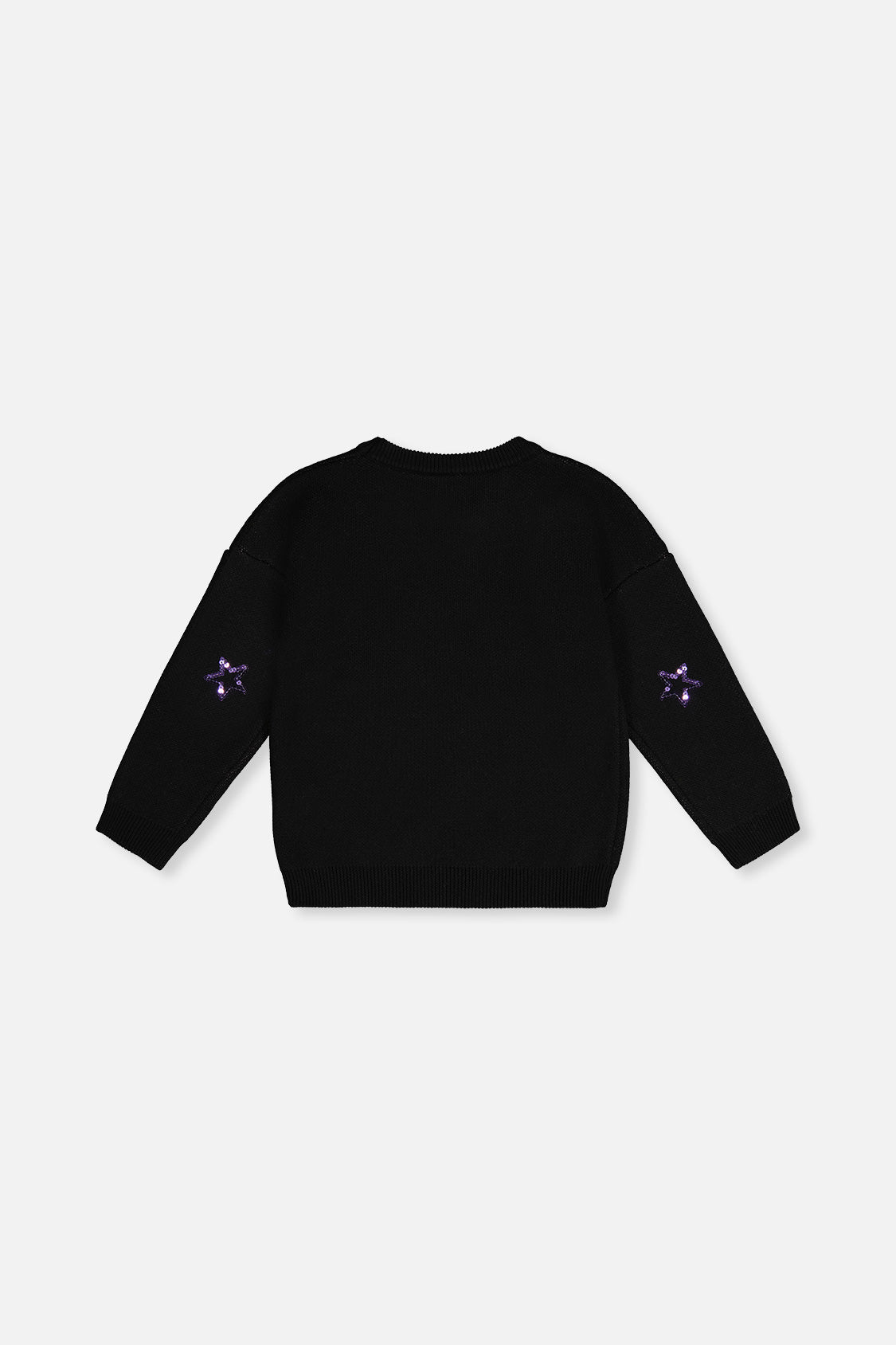 Back view of the Deux par Deux black unicorn knit sweater laid flat