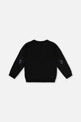 Back view of the Deux par Deux black unicorn knit sweater laid flat