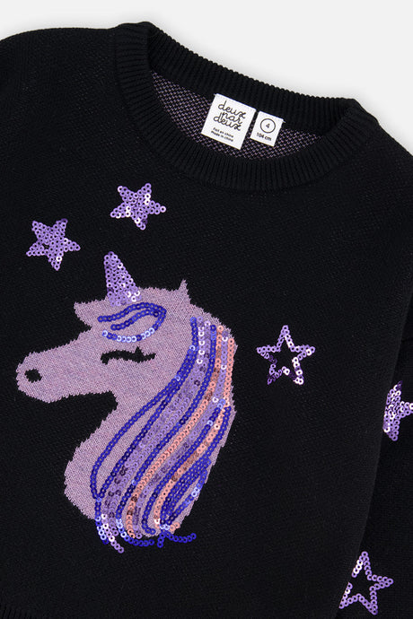 Close-up of the lilac unicorn with sequin mane and stars on the Deux par Deux black sweater