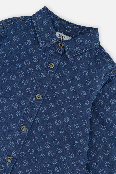 Deux par Deux boys' chambray shirt in blue with smiley print, view 6
