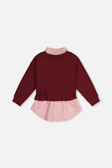 Deux par Deux burgundy girls fake two-layer pullover with the pink striped shirt hem, flat lay back view
