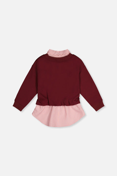Deux par Deux burgundy girls fake two-layer sweatshirt with the pink striped shirt hem, flat lay back view