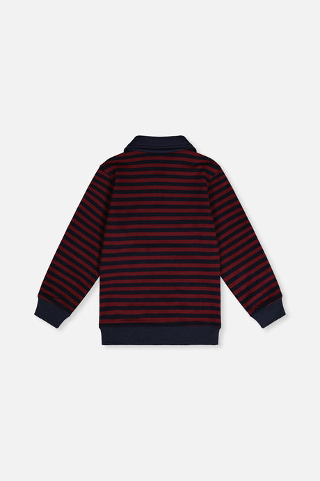 Back view of the red and blue striped top laid flat with navy cuffs and hem