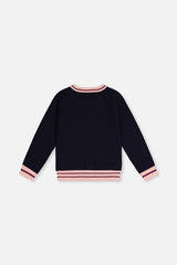 Deux par Deux royal blue and pink knit cardigan, back view