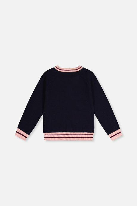 Deux par Deux navy knit cardigan with pink striped neckline cuffs and hem, flat lay back view