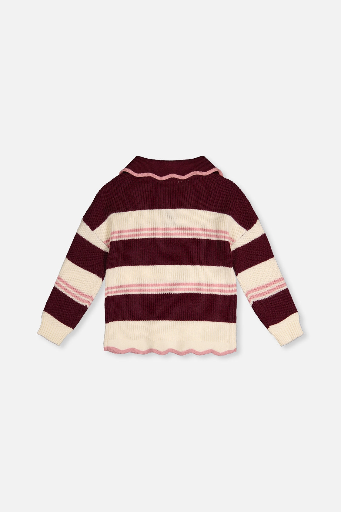 Deux par Deux plum and cream striped knit sweater, flat lay back view with scalloped hem
