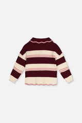 Deux par Deux plum and cream striped knit sweater, flat lay back view with scalloped hem