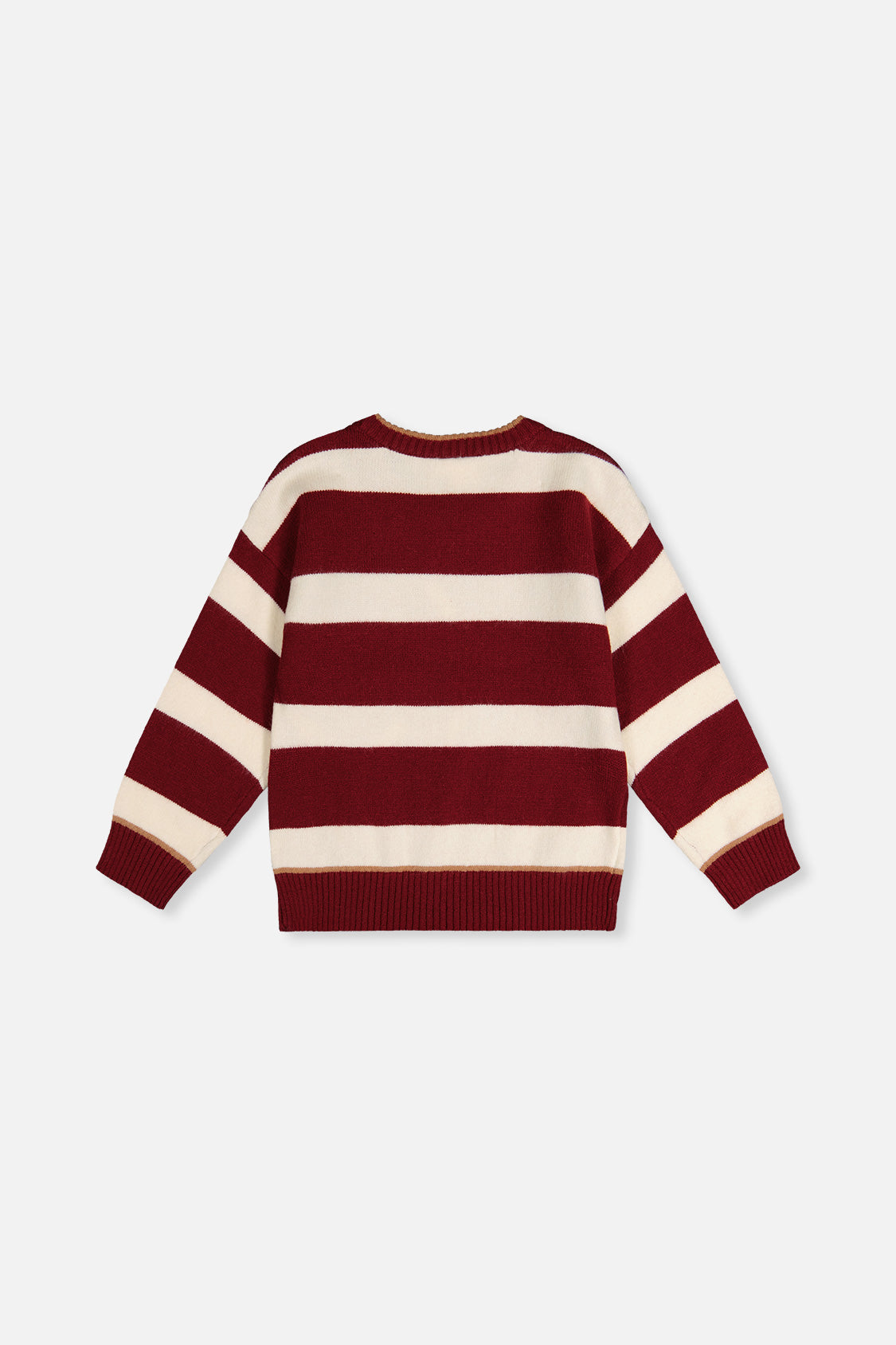 Deux par Deux burgundy and cream striped knit sweater, flat lay back view