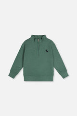 Deux par Deux dark green half-zip mock neck sweater laid flat, front view with a small deer on the chest