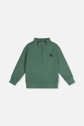 Deux par Deux dark green half-zip mock neck sweater laid flat, front view with a small deer on the chest
