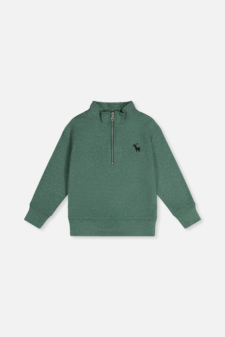 Deux par Deux dark green half-zip mock neck sweater laid flat, front view with a small deer on the chest