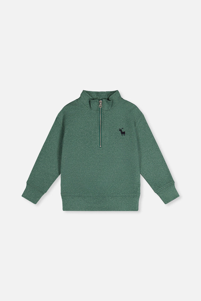 Deux par Deux dark green half-zip mock neck sweater laid flat, front view with a small deer on the chest