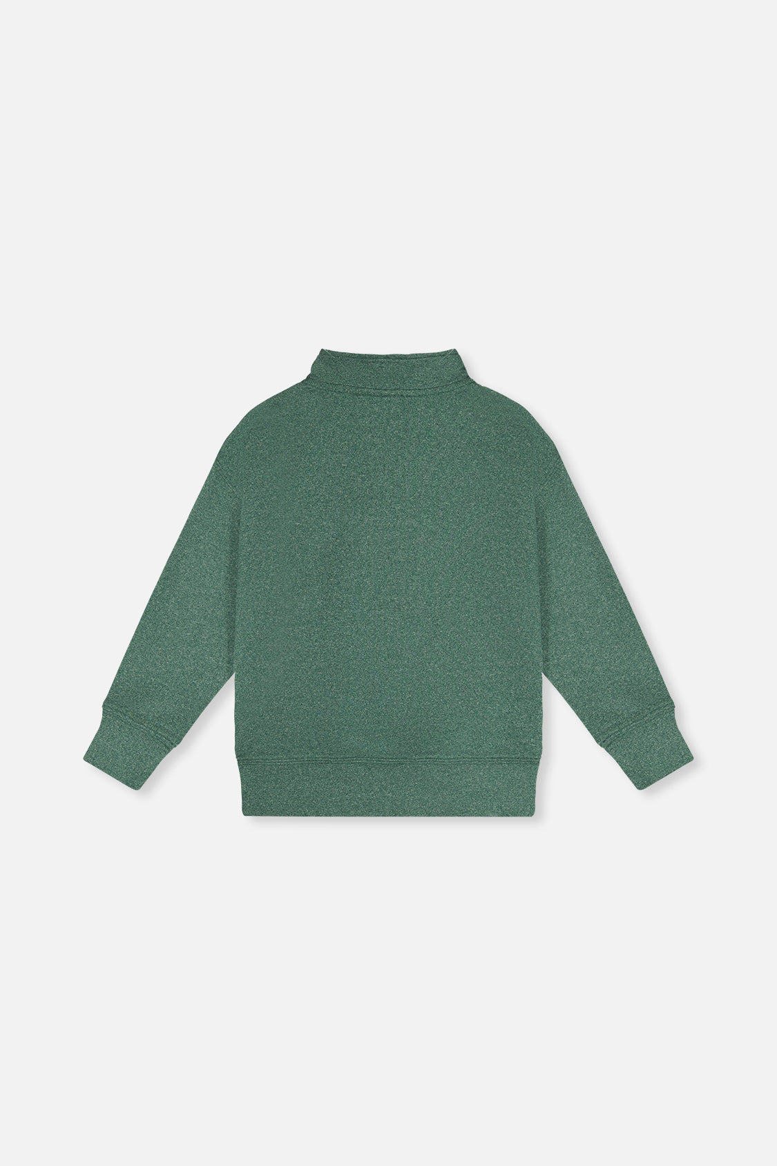 Back view of the dark green half-zip sweater laid flat with ribbed cuffs and hem