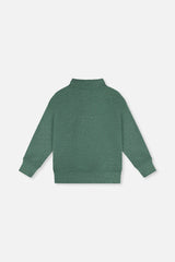 Back view of the dark green half-zip sweater laid flat with ribbed cuffs and hem