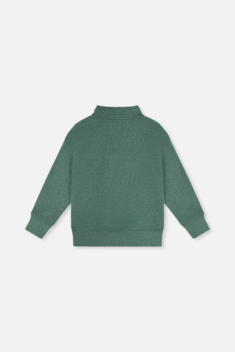 Back view of the dark green half-zip sweater laid flat with ribbed cuffs and hem