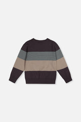 Deux par Deux charcoal, sage and taupe colorblock knit sweater, flat lay back view