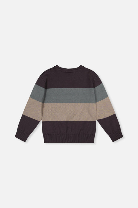 Deux par Deux charcoal, sage and taupe colorblock knit sweater, flat lay back view