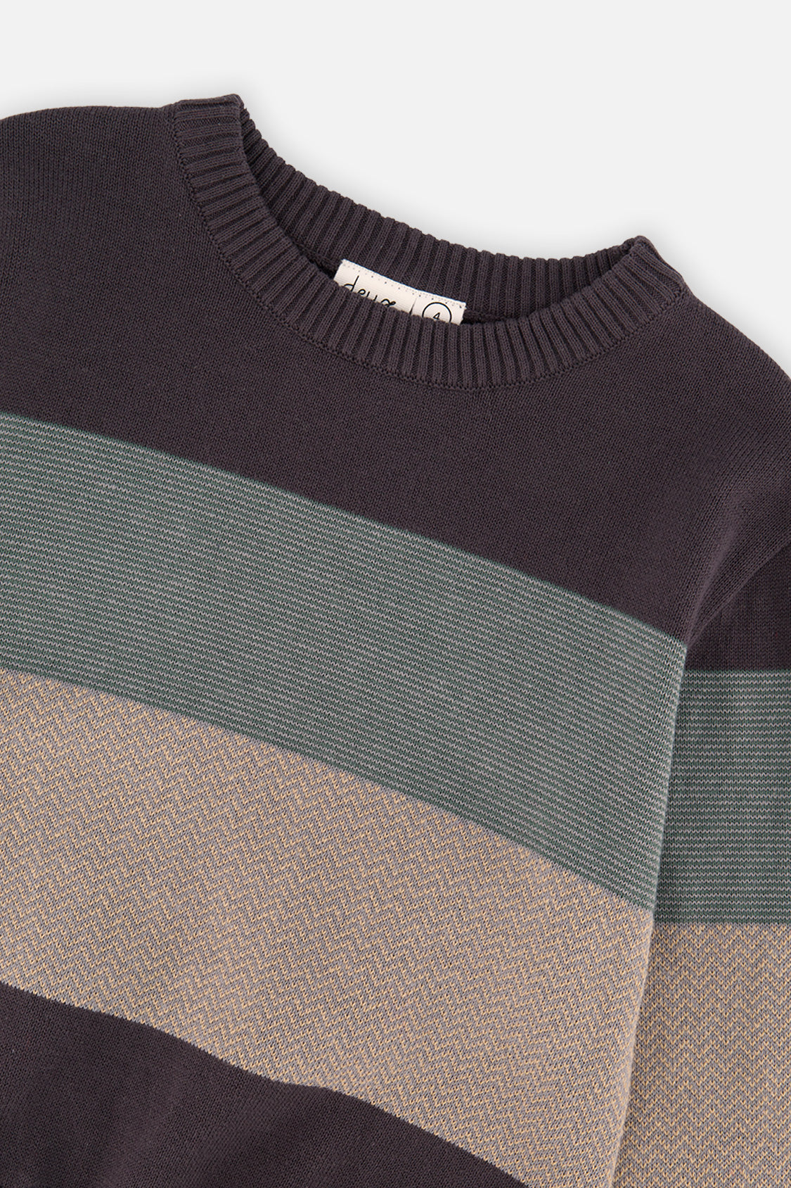 Close-up of the sage and taupe bands and ribbed neckline on the Deux par Deux colorblock sweater