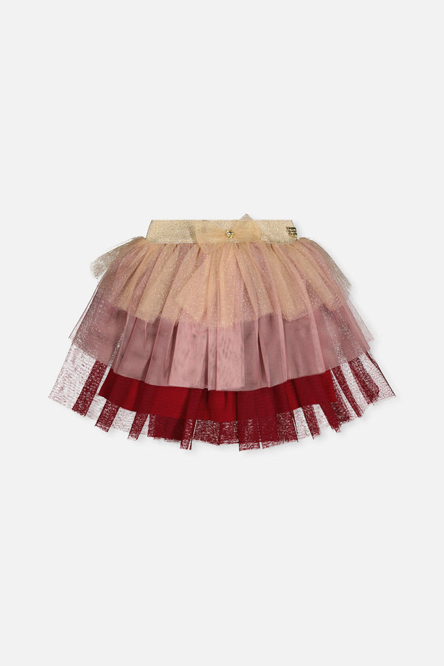 Multi Layer Glittering Mesh Skirt Red, Pink And Beige-0