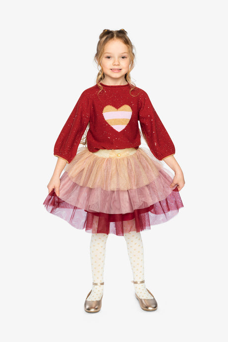 Multi Layer Glittering Mesh Skirt Red, Pink And Beige-4