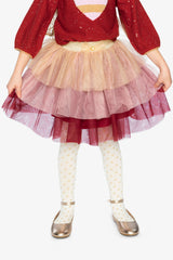 Multi Layer Glittering Mesh Skirt Red, Pink And Beige-1